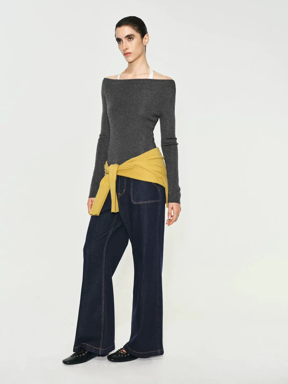 Fitted Contrast Hem Boat Neck Long Sleeve Knit Top