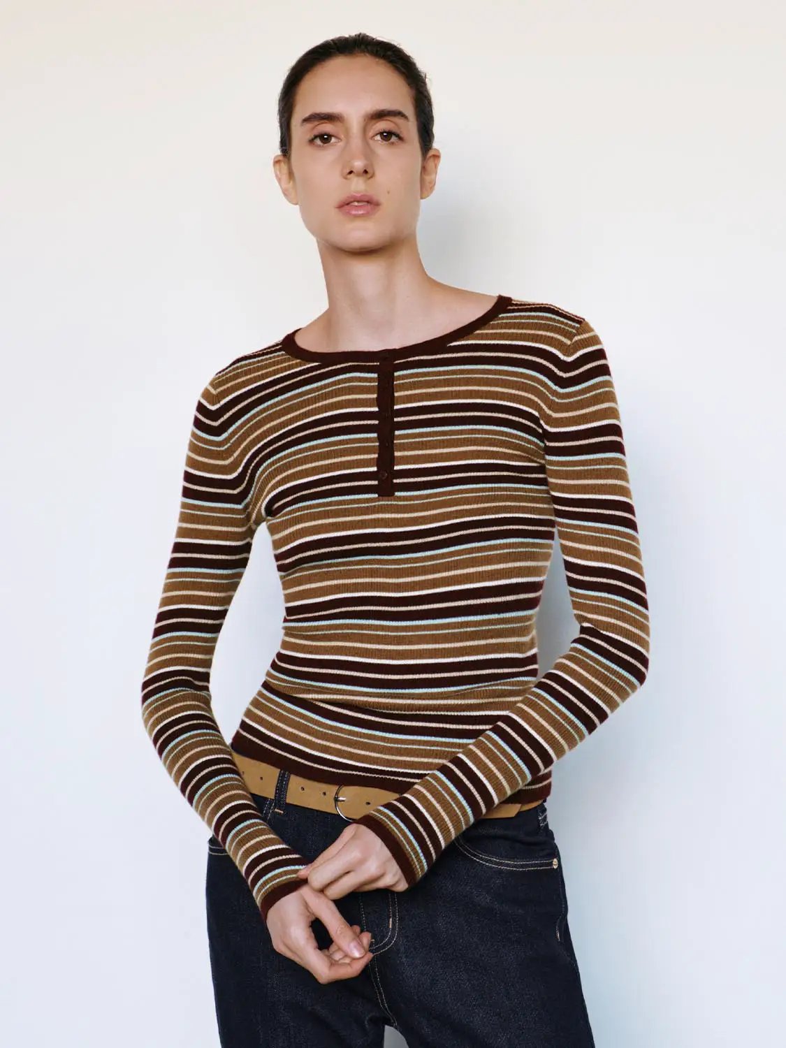 Striped Ribbed Long Sleeve Button Front T-Shirt