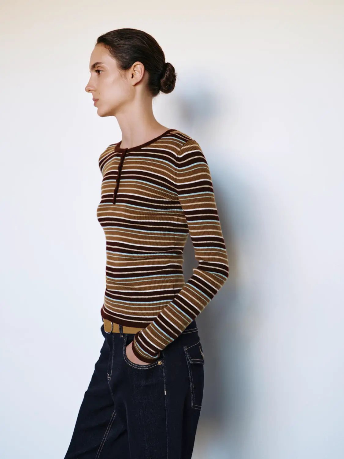 Striped Ribbed Long Sleeve Button Front T-Shirt