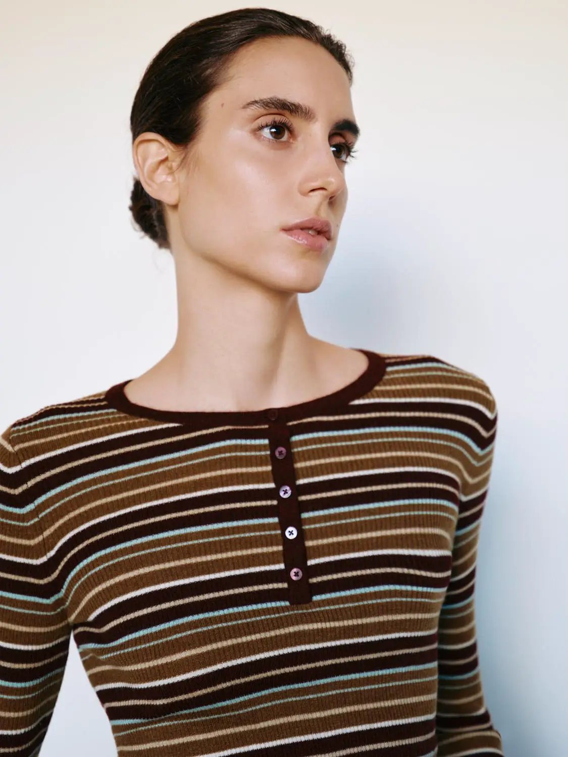 Striped Ribbed Long Sleeve Button Front T-Shirt