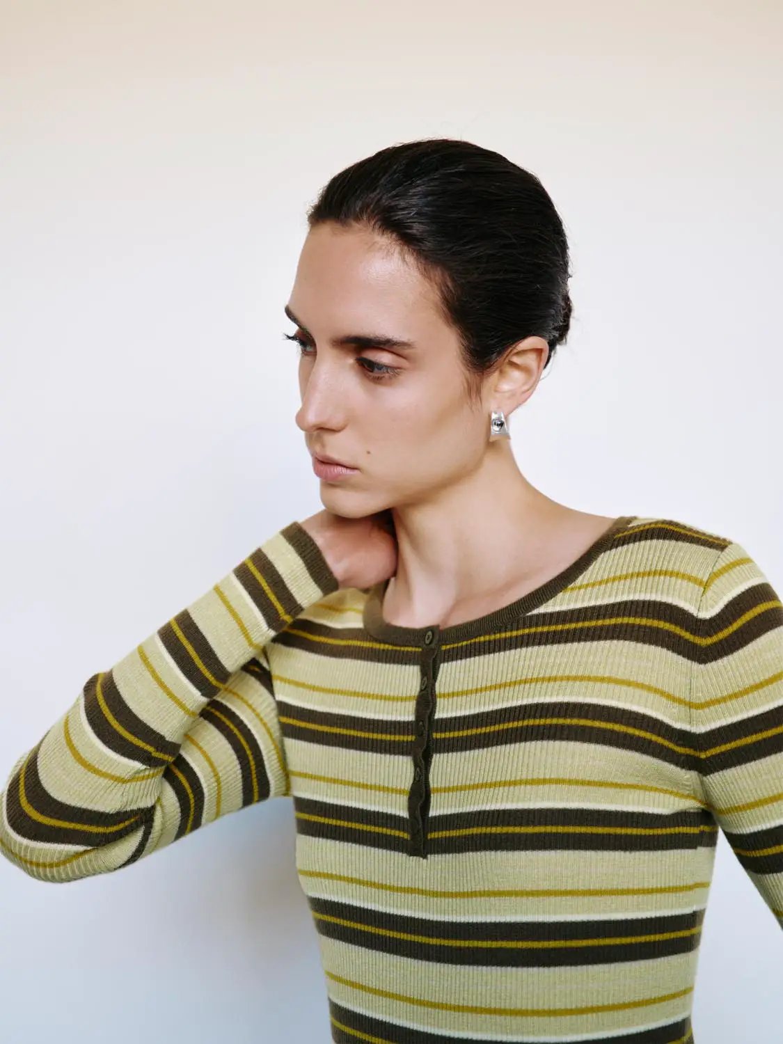 Striped Ribbed Long Sleeve Button Front T-Shirt
