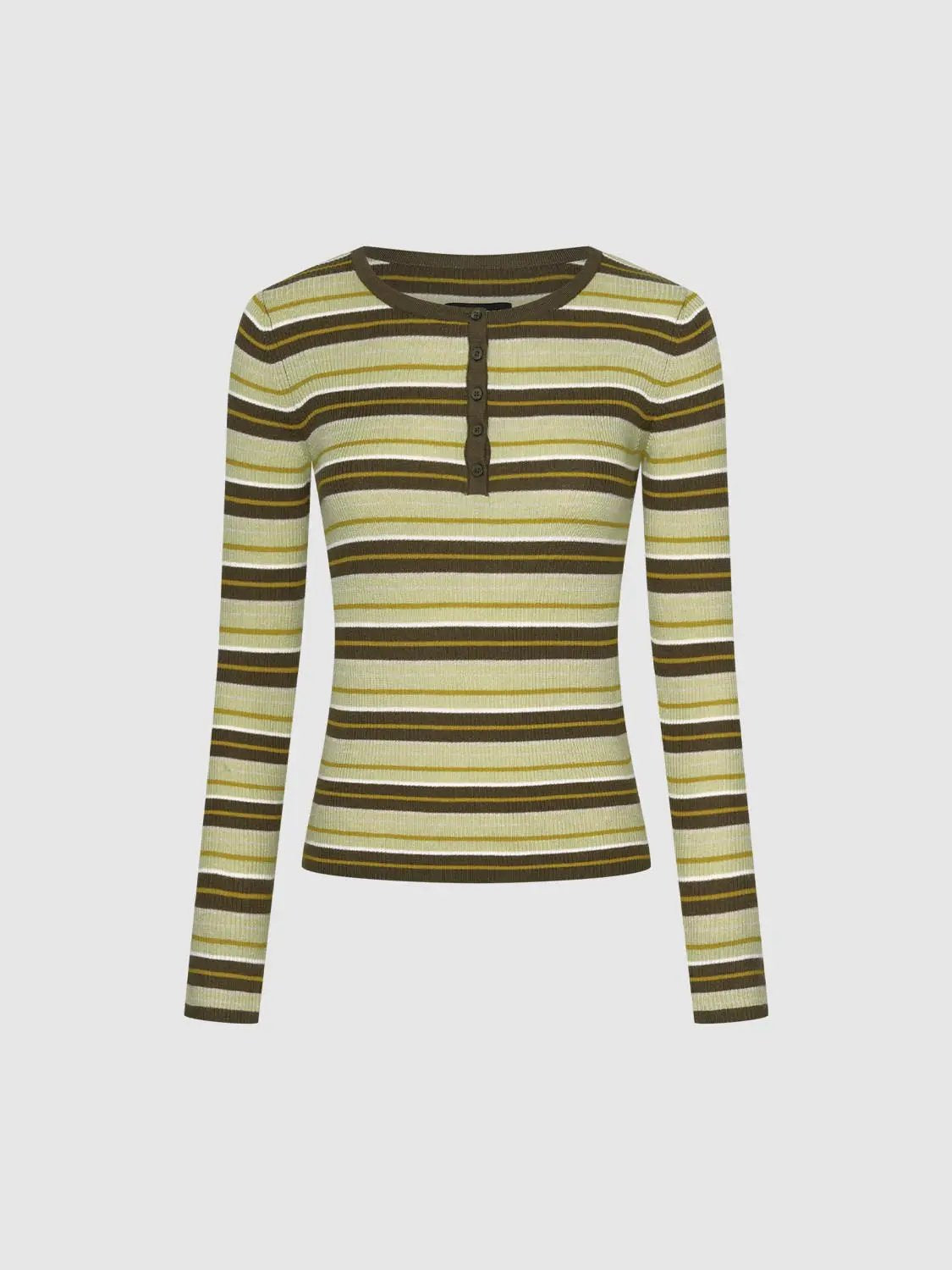 Striped Ribbed Long Sleeve Button Front T-Shirt