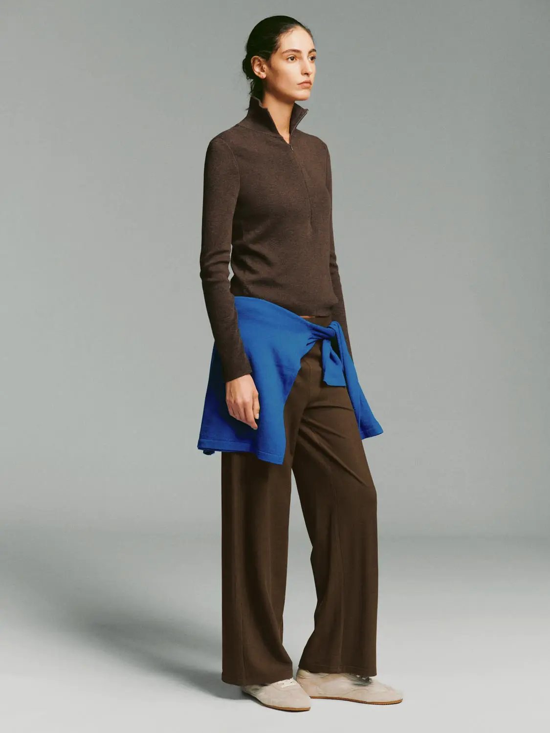 Fitted Ribbed Zip Neck Long Sleeve Knit Sweater