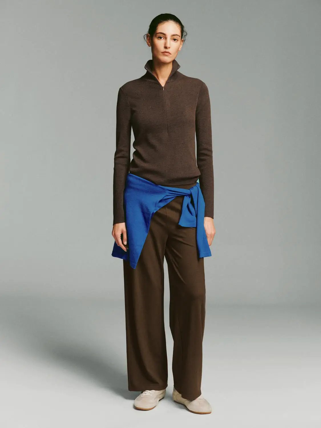Fitted Ribbed Zip Neck Long Sleeve Knit Sweater