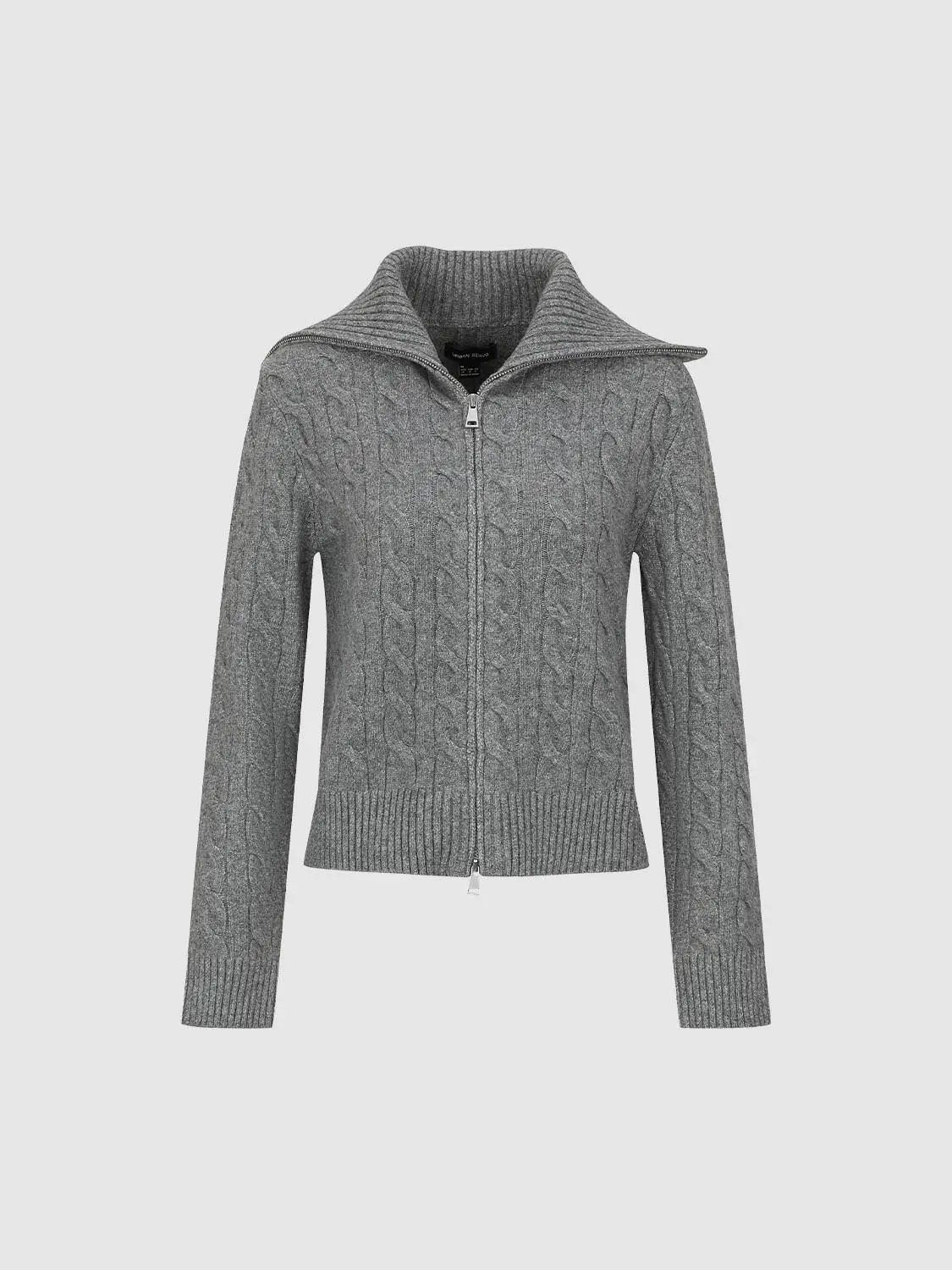 Cable Knit Fitted Long Sleeve Wide Collar Full Zip Jacket