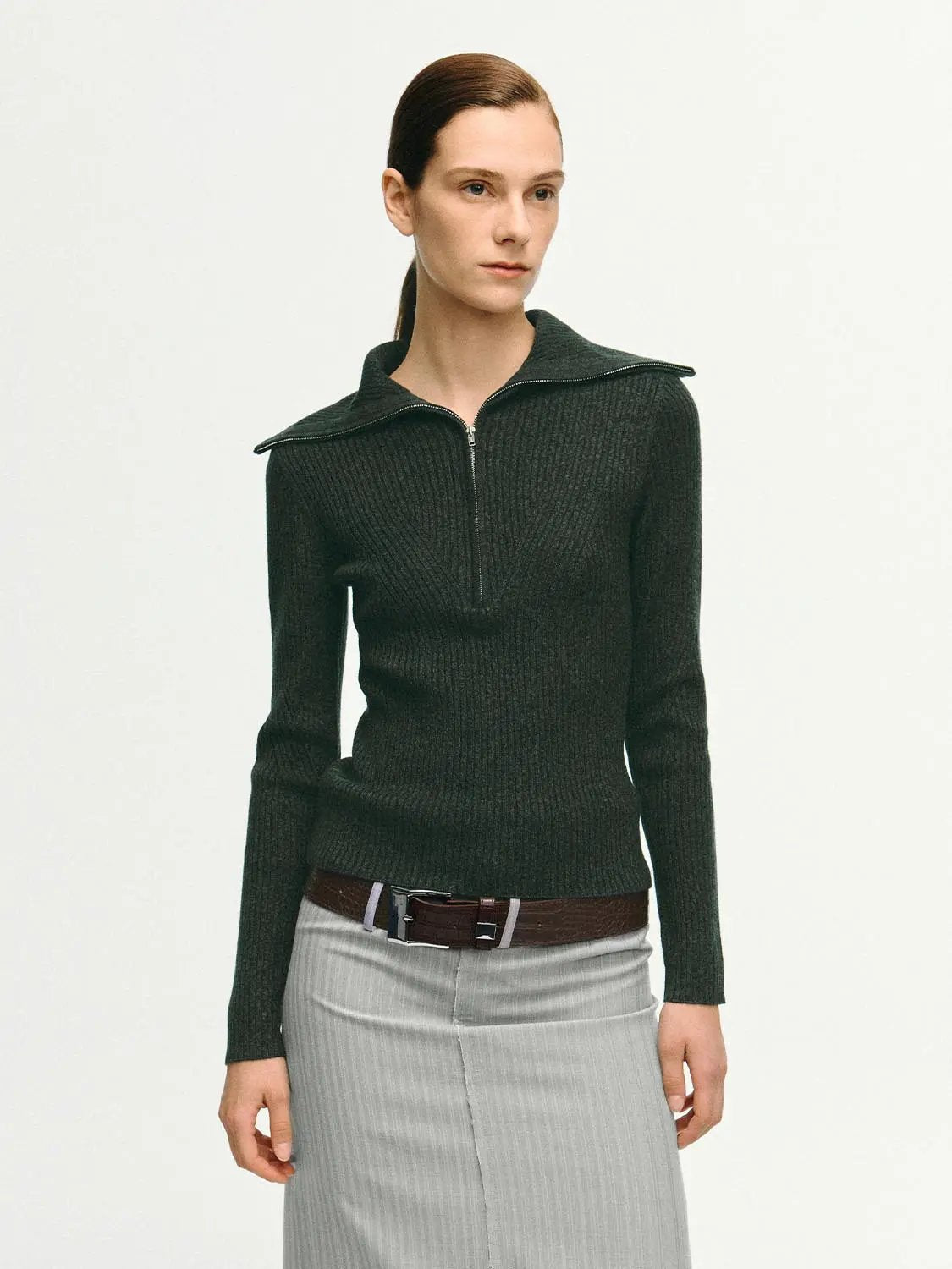 Ribbed Half-zip Long Sleeve Fitted Sweater