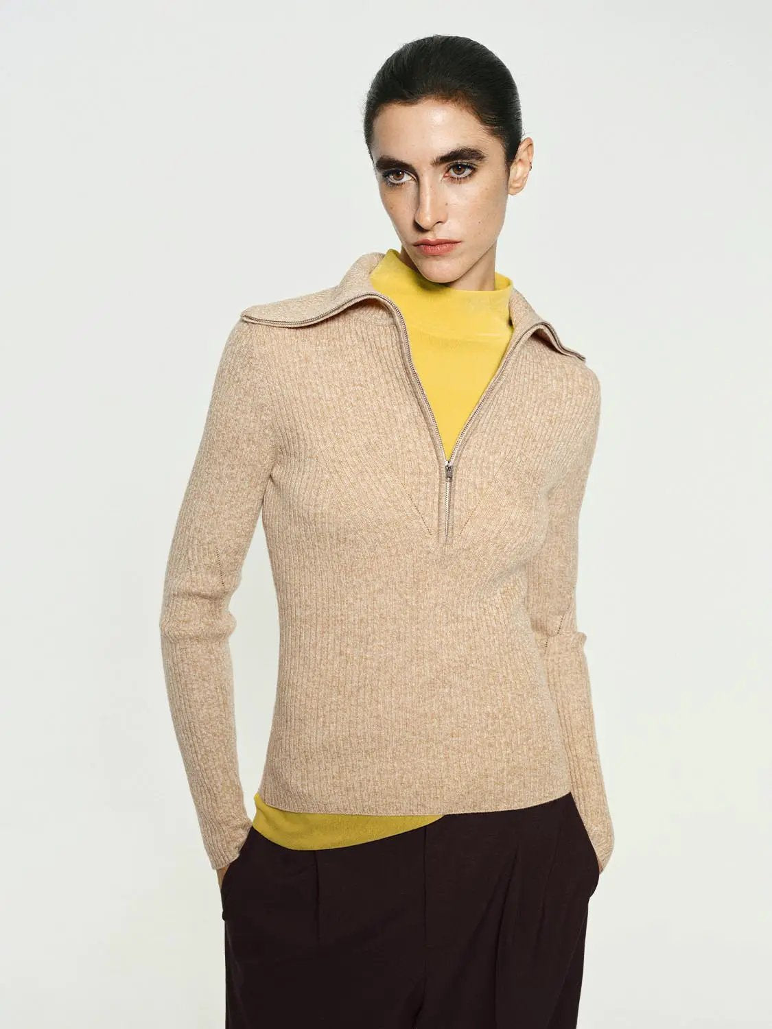 Ribbed Half-zip Long Sleeve Fitted Sweater