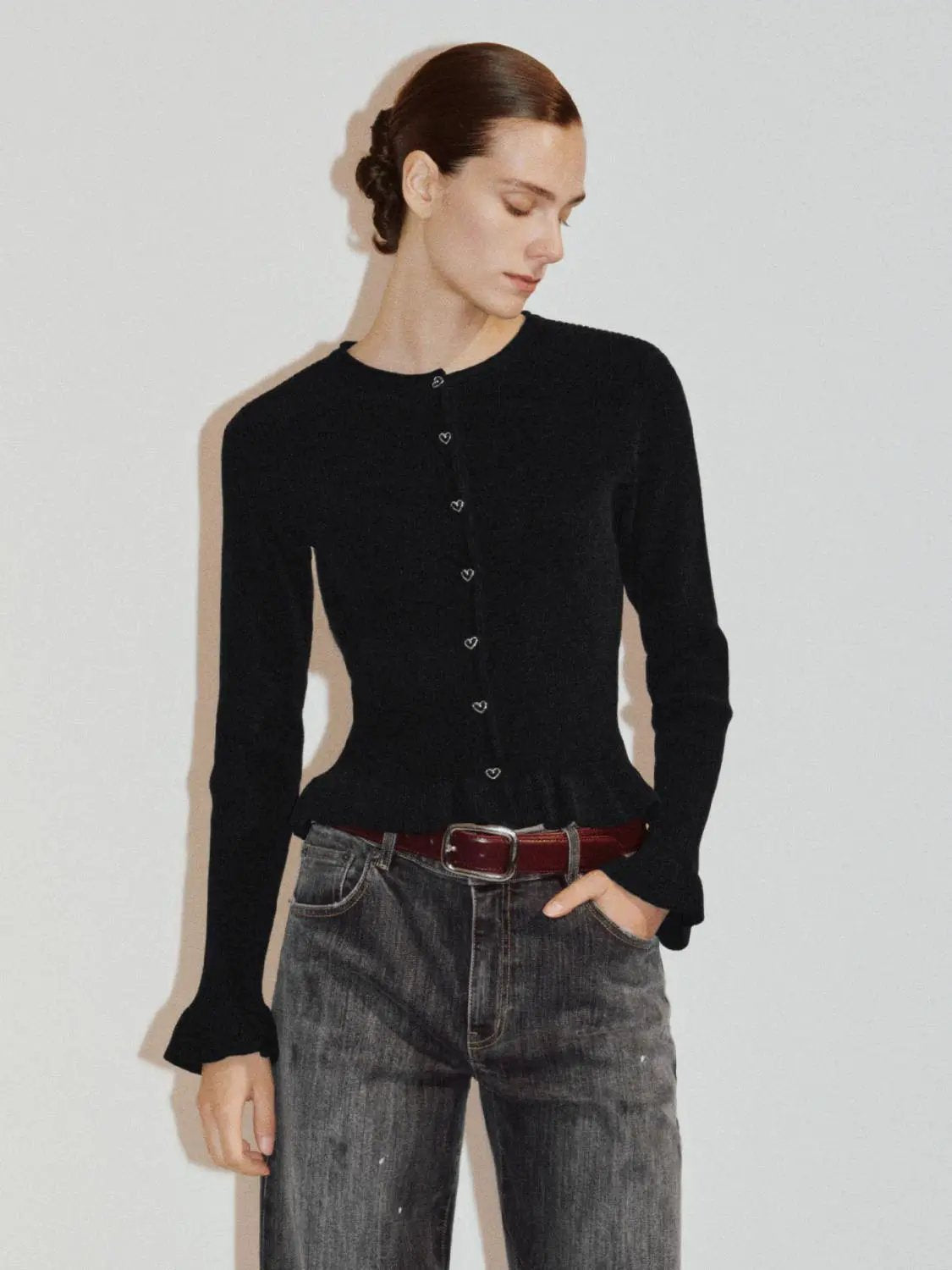 Ribbed Heart Button Crew Neck Long Sleeve Cardigan