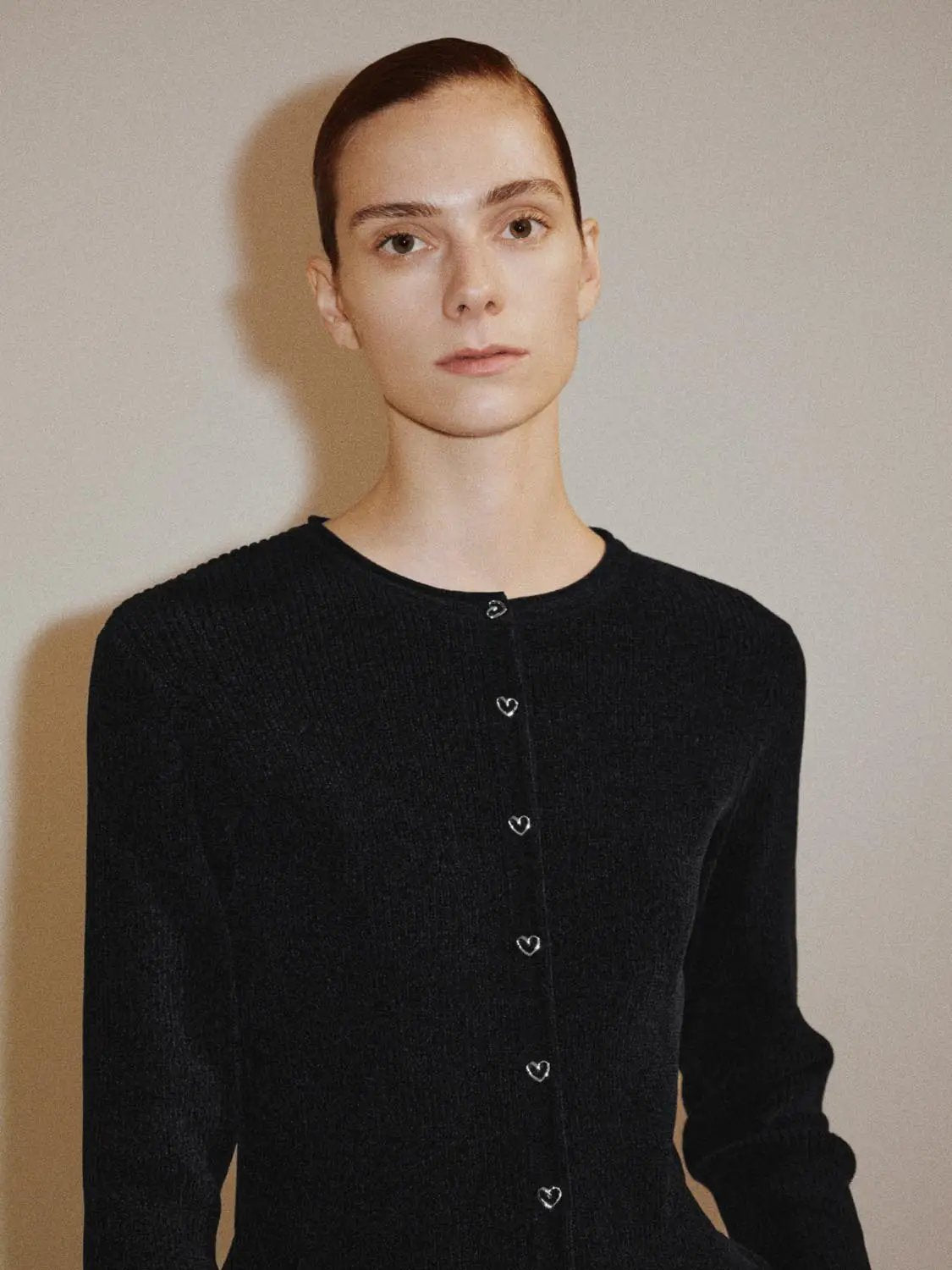 Ribbed Heart Button Crew Neck Long Sleeve Cardigan