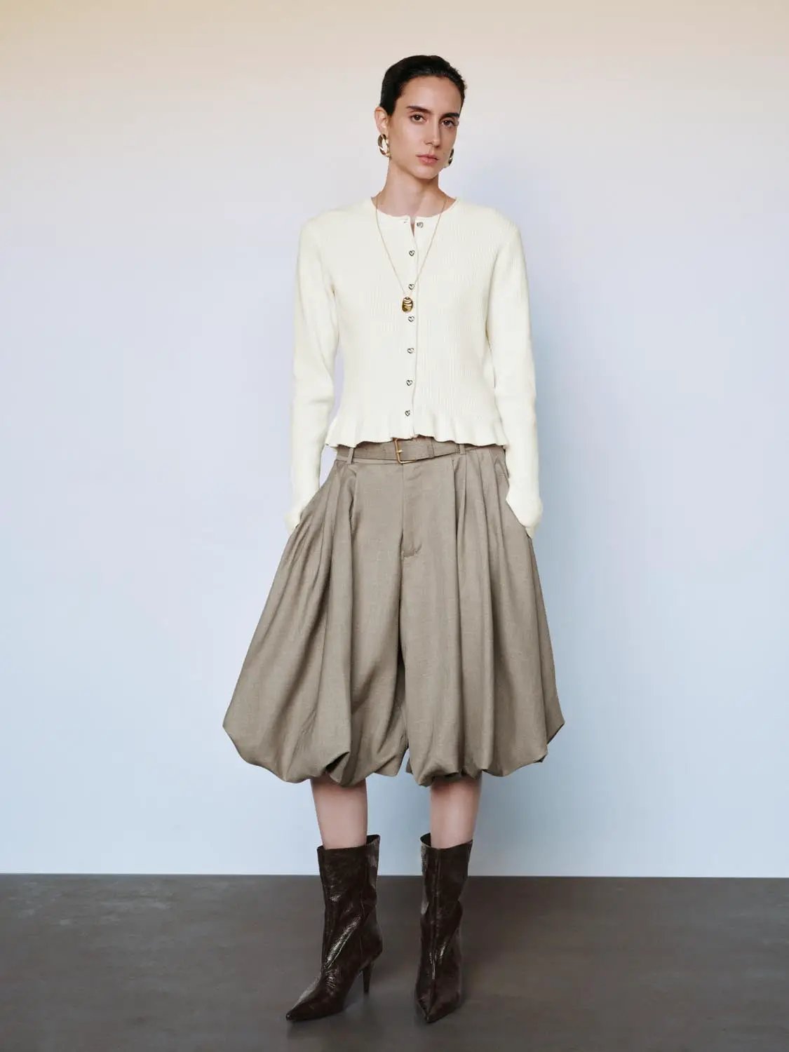 Ribbed Heart Button Crew Neck Long Sleeve Cardigan
