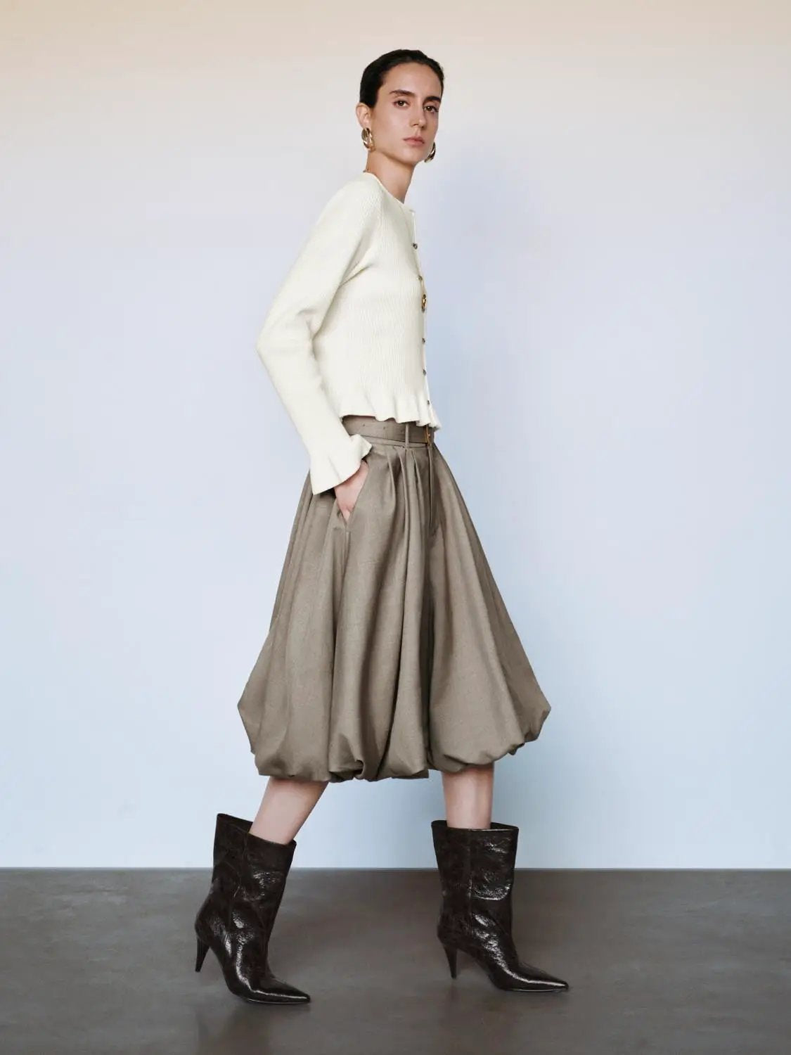 Ribbed Heart Button Crew Neck Long Sleeve Cardigan