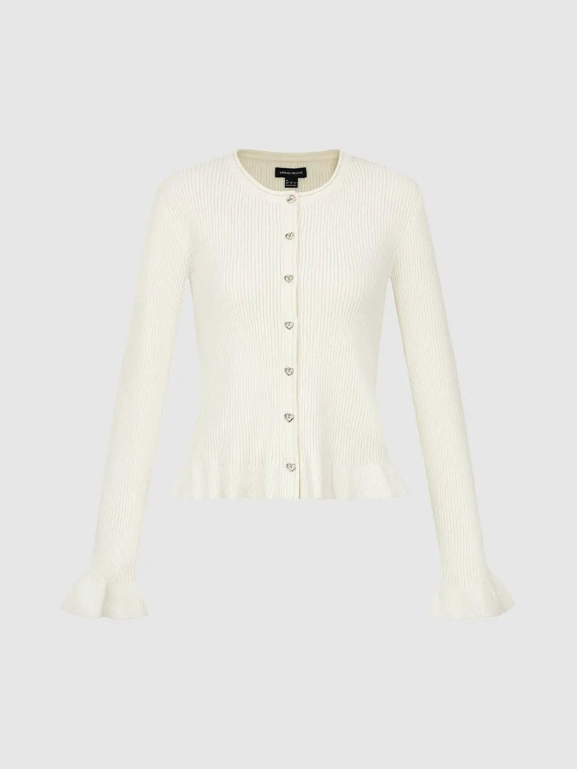 Ribbed Heart Button Crew Neck Long Sleeve Cardigan