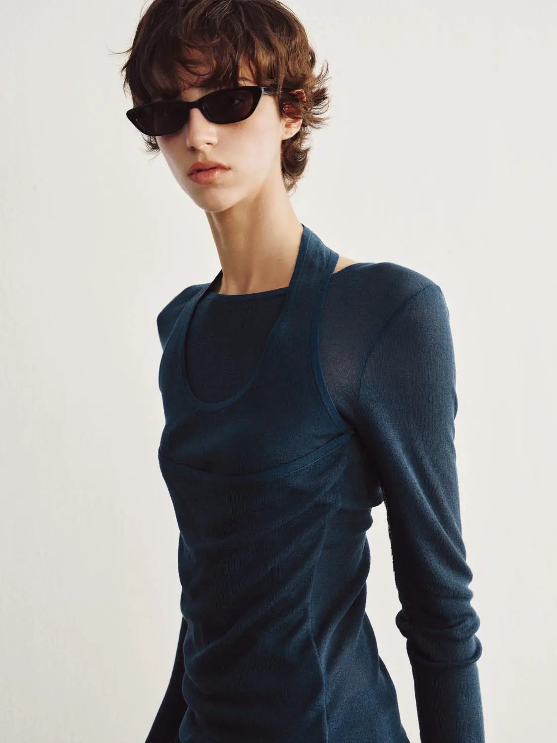 Halter Neck Fitted Long Sleeve Textured Knit T-shirt