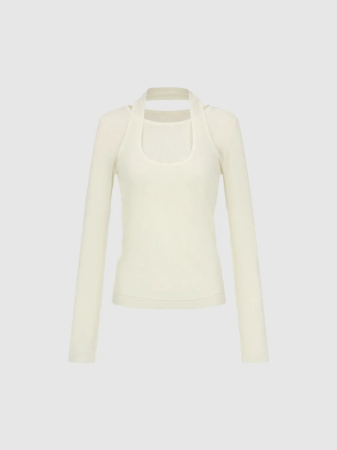 Halter Neck Fitted Long Sleeve Textured Knit T-shirt