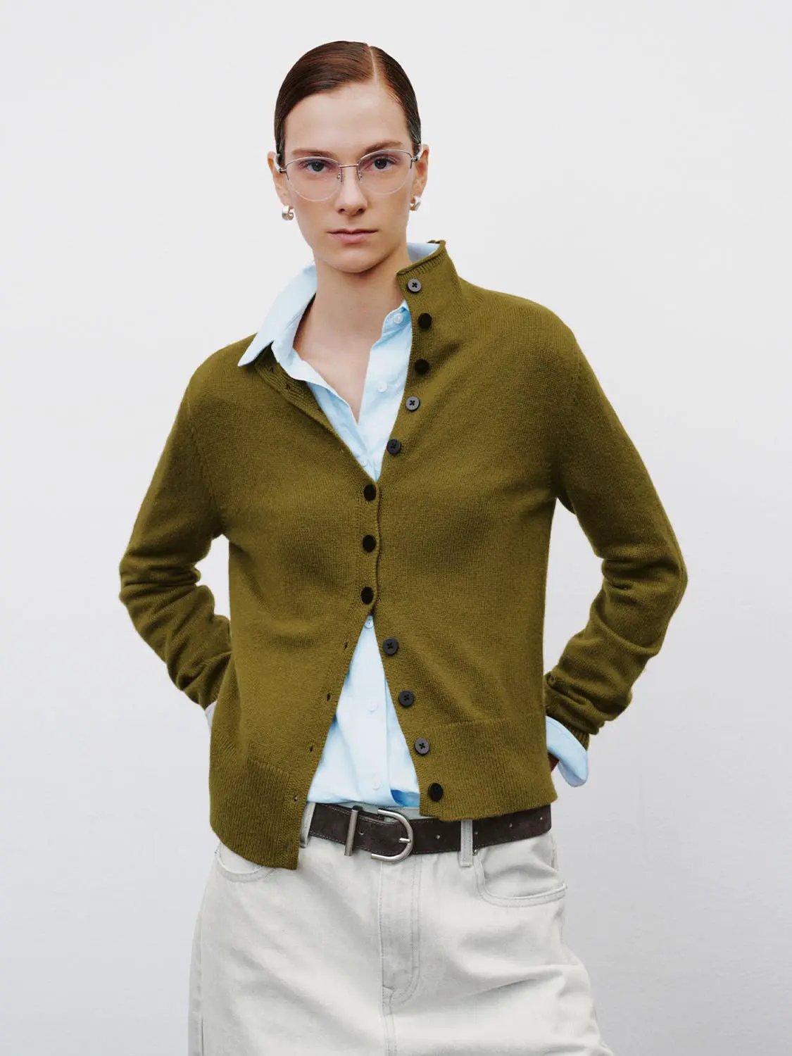 Button Front Mock Neck Long Sleeve Ribbed Knit Cardigan