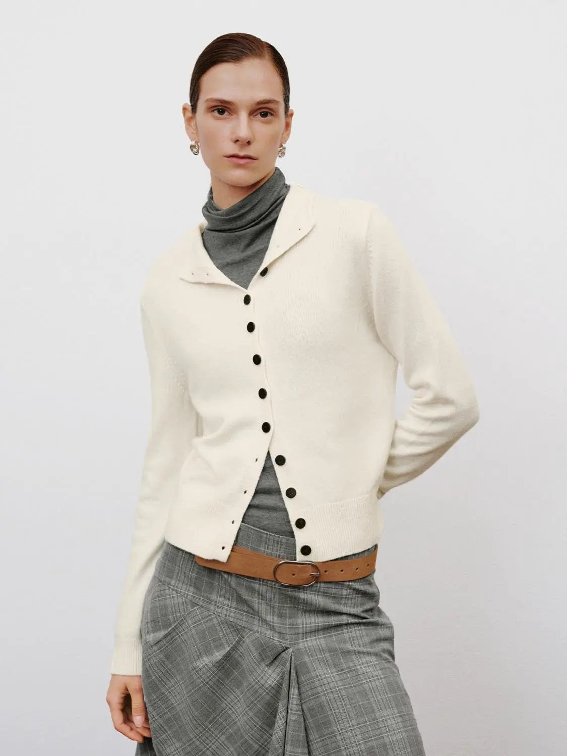 Button Front Mock Neck Long Sleeve Ribbed Knit Cardigan