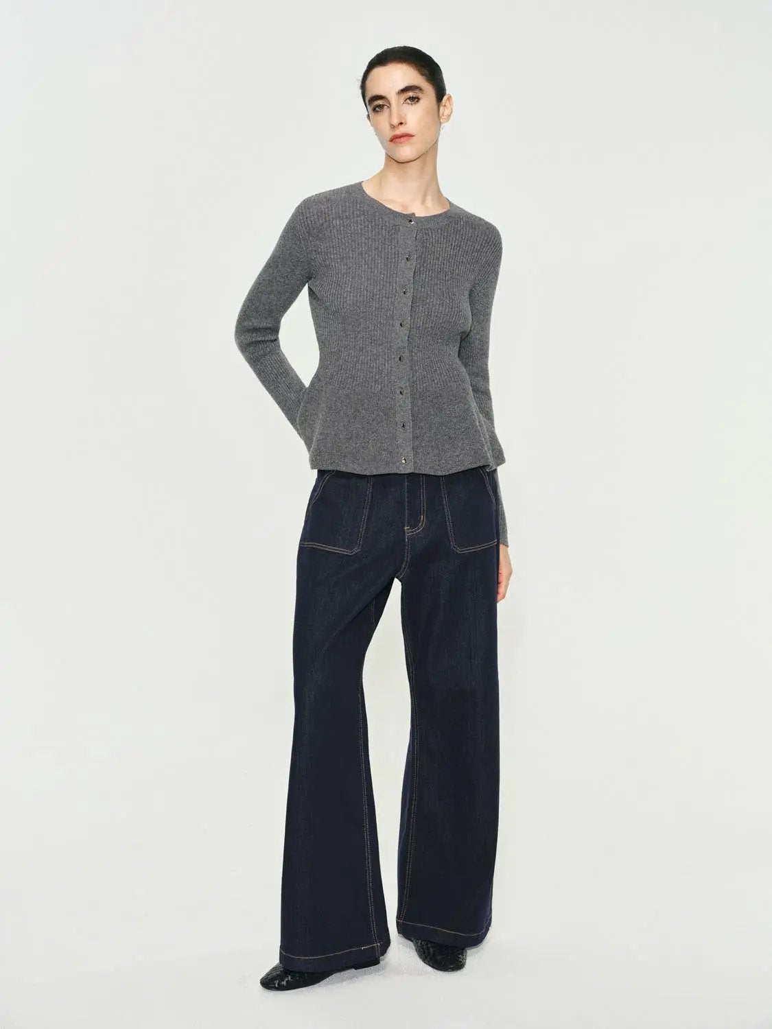 Ribbed Knit Button Front Crew Neck Long Sleeve Cardigan