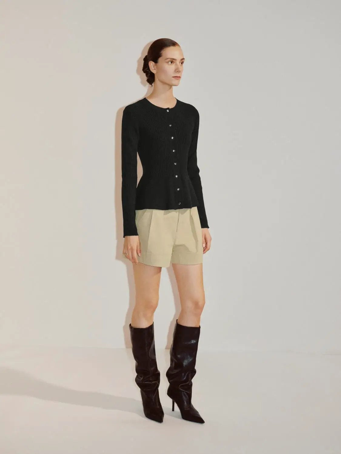 Ribbed Knit Button Front Crew Neck Long Sleeve Cardigan
