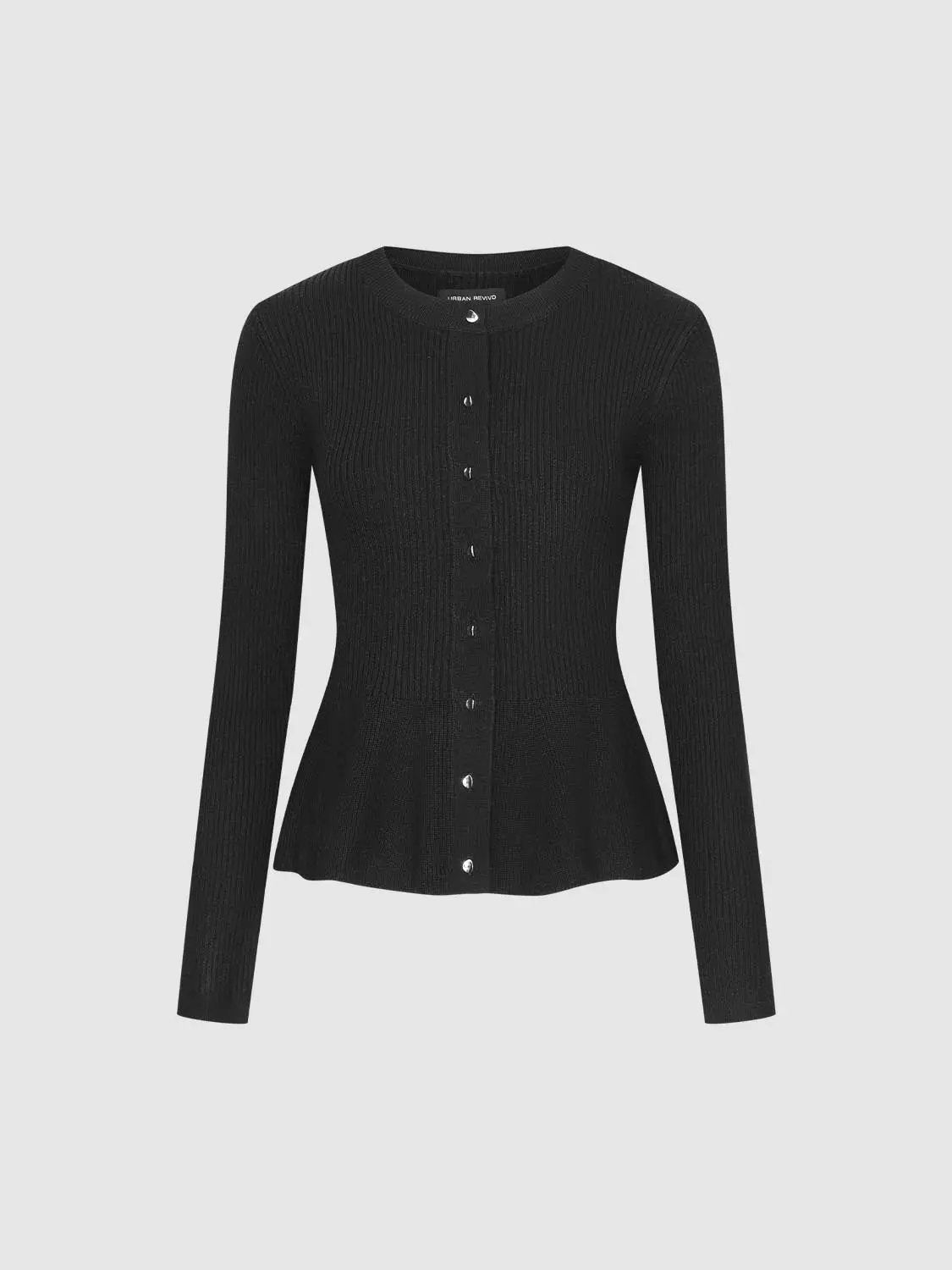 Ribbed Knit Button Front Crew Neck Long Sleeve Cardigan