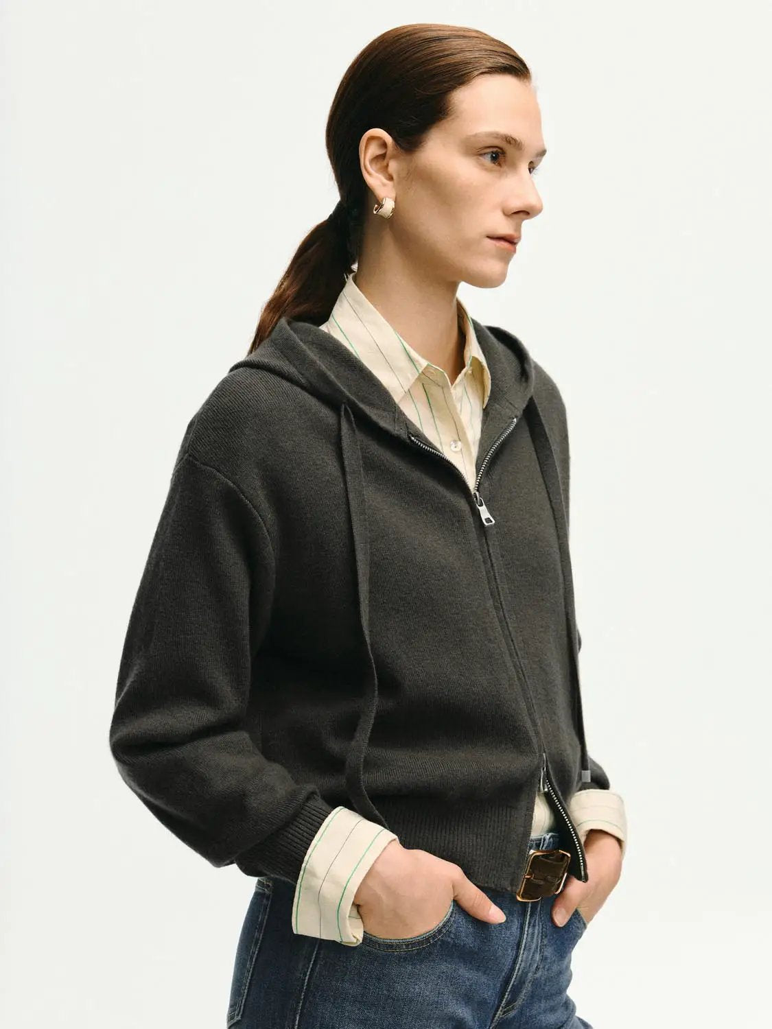 Ribbed Full Zip Hooded Long Sleeve Knit Jacket
