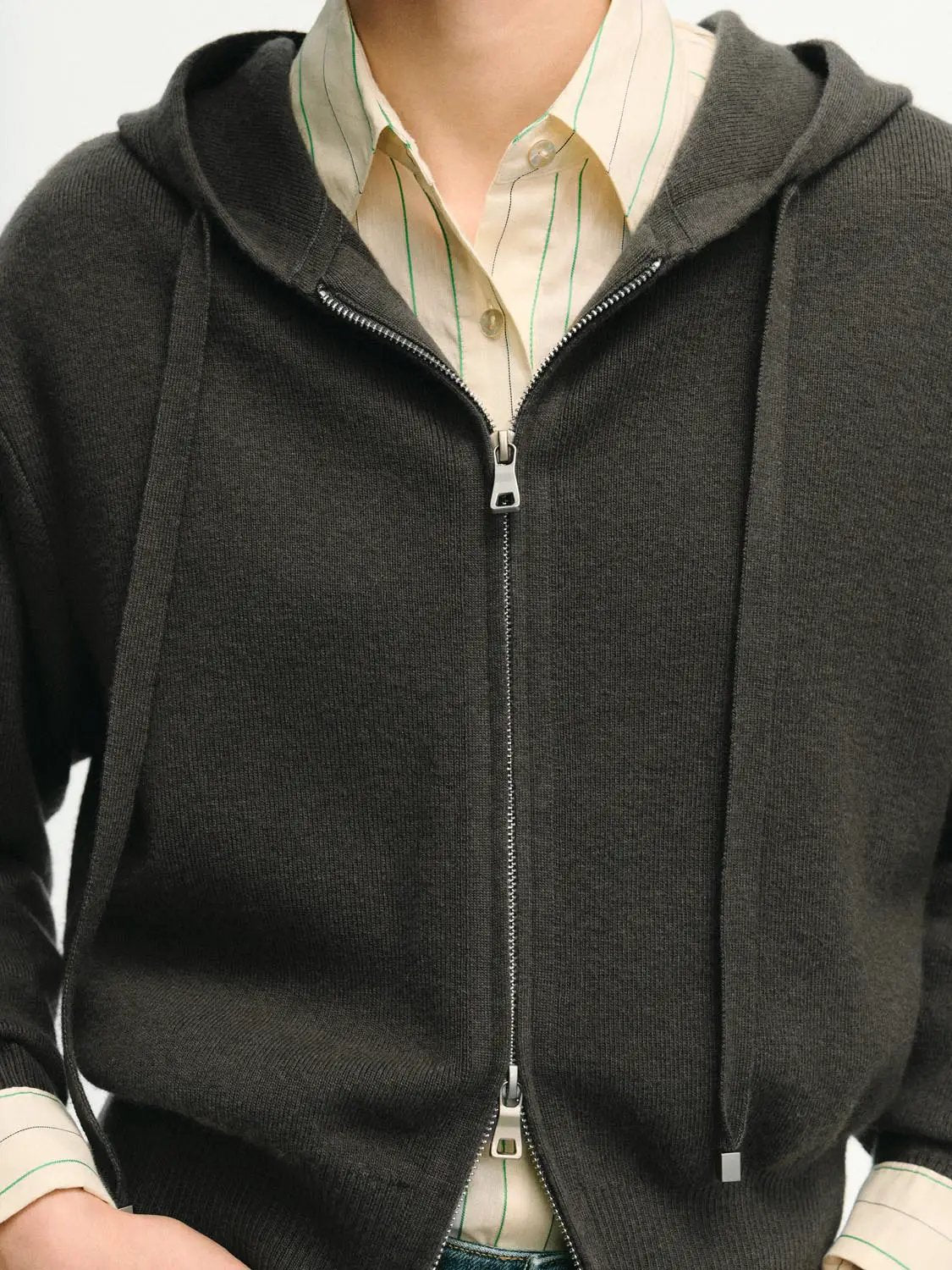 Ribbed Full Zip Hooded Long Sleeve Knit Jacket