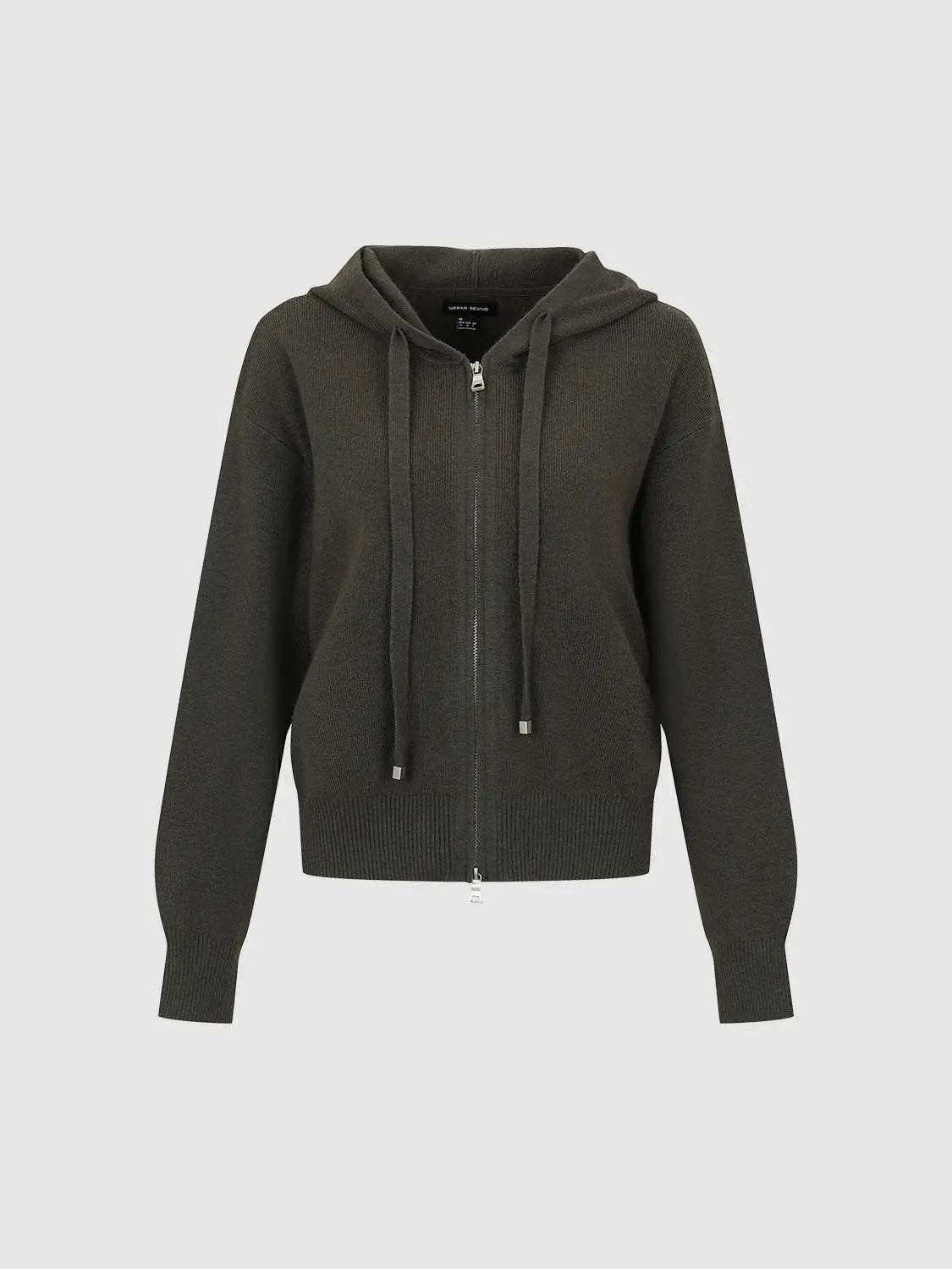 Ribbed Full Zip Hooded Long Sleeve Knit Jacket