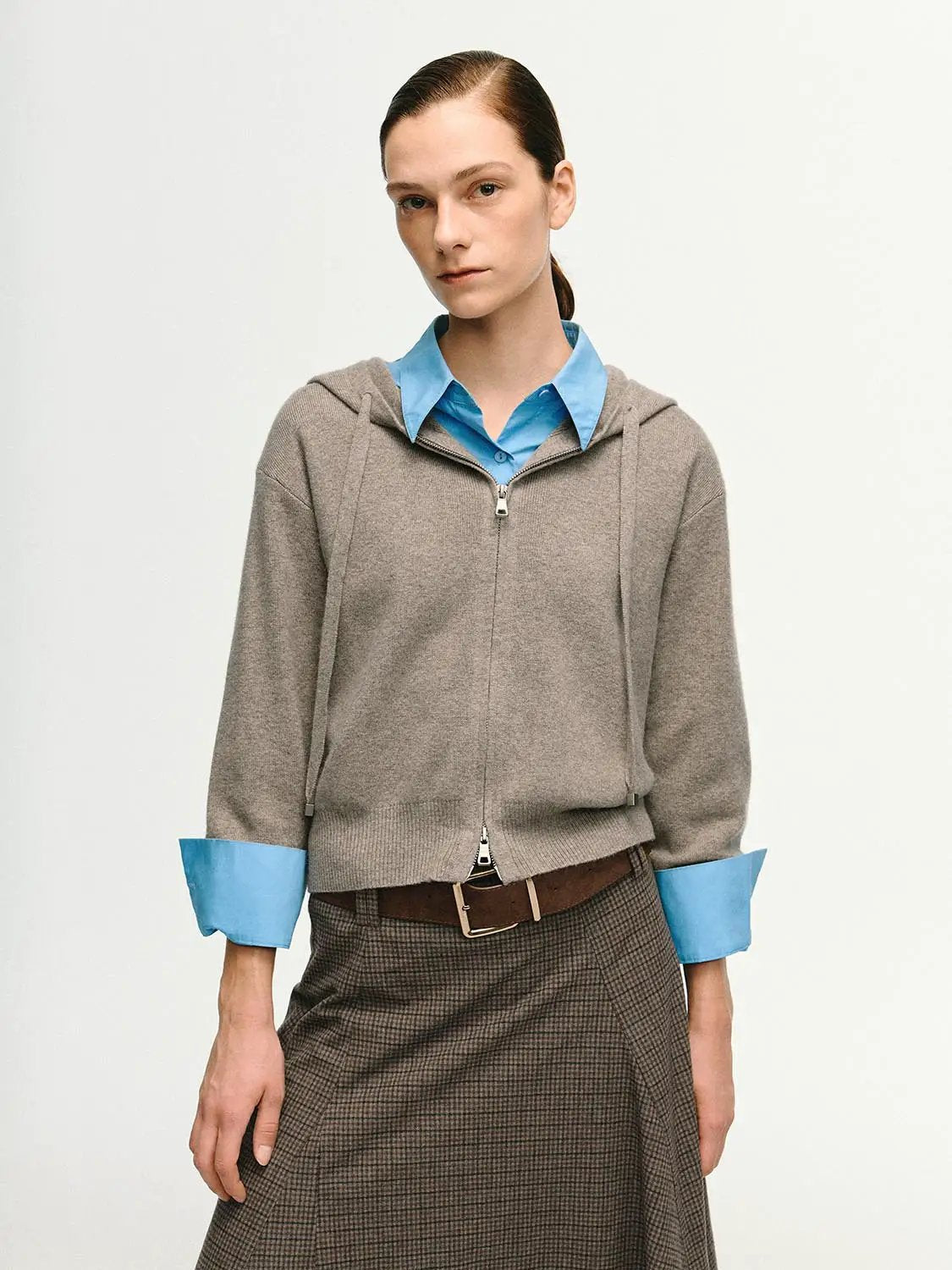 Ribbed Full Zip Hooded Long Sleeve Knit Jacket