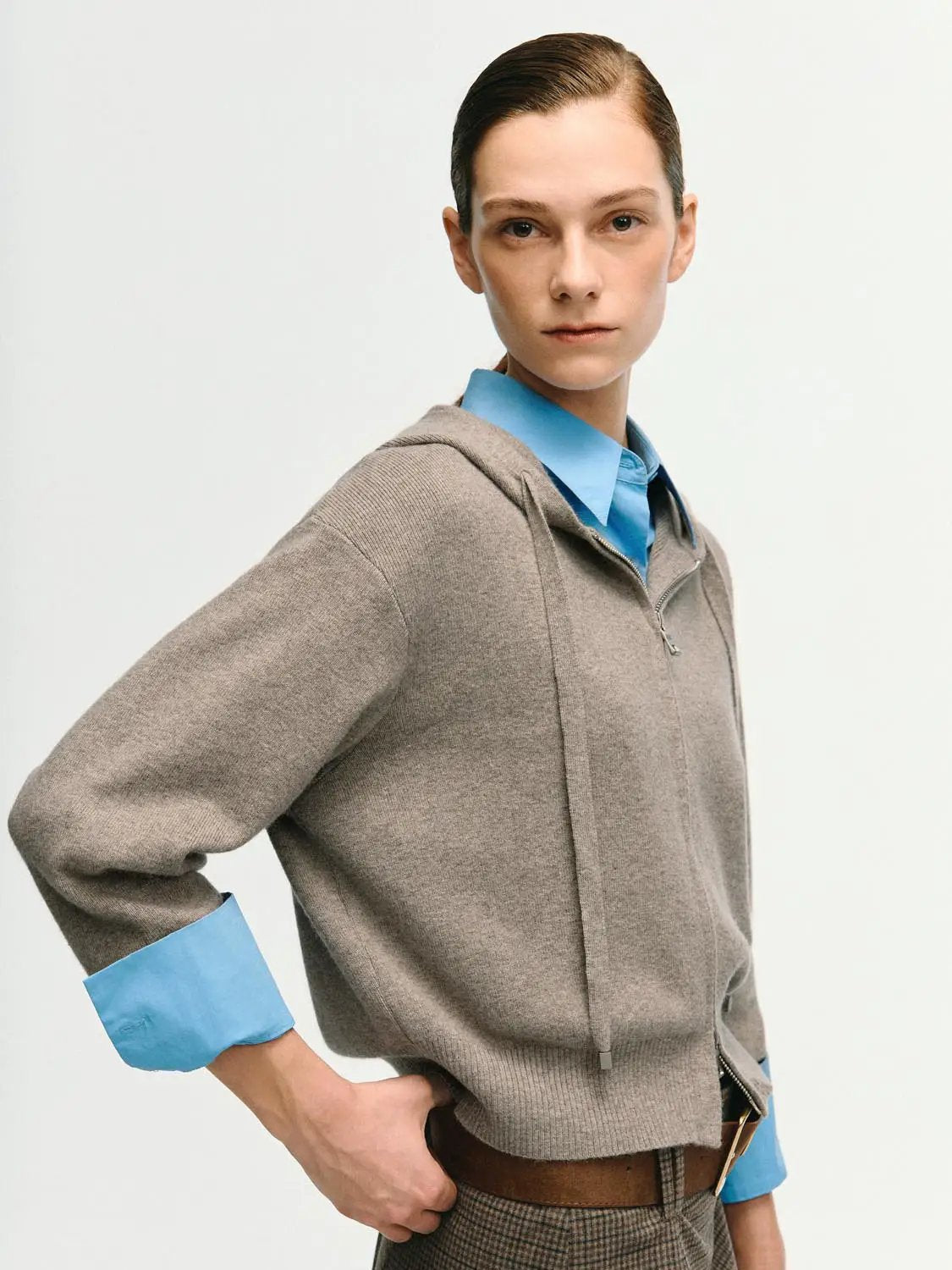 Ribbed Full Zip Hooded Long Sleeve Knit Jacket