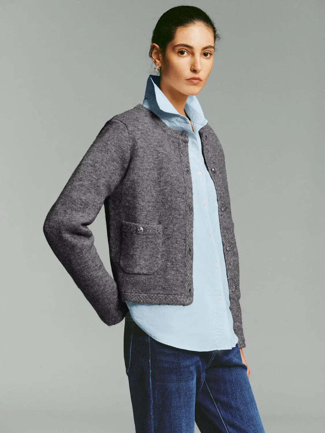 Crew Neck Button Front Long Sleeve Knitwear Jacket