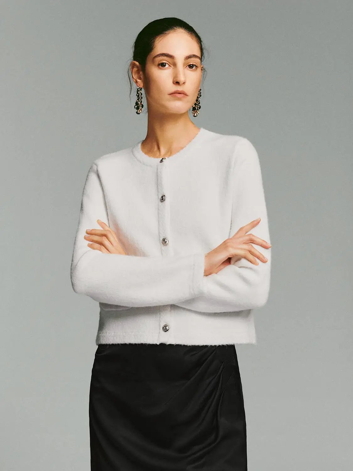 Crew Neck Button Front Long Sleeve Knitwear Jacket