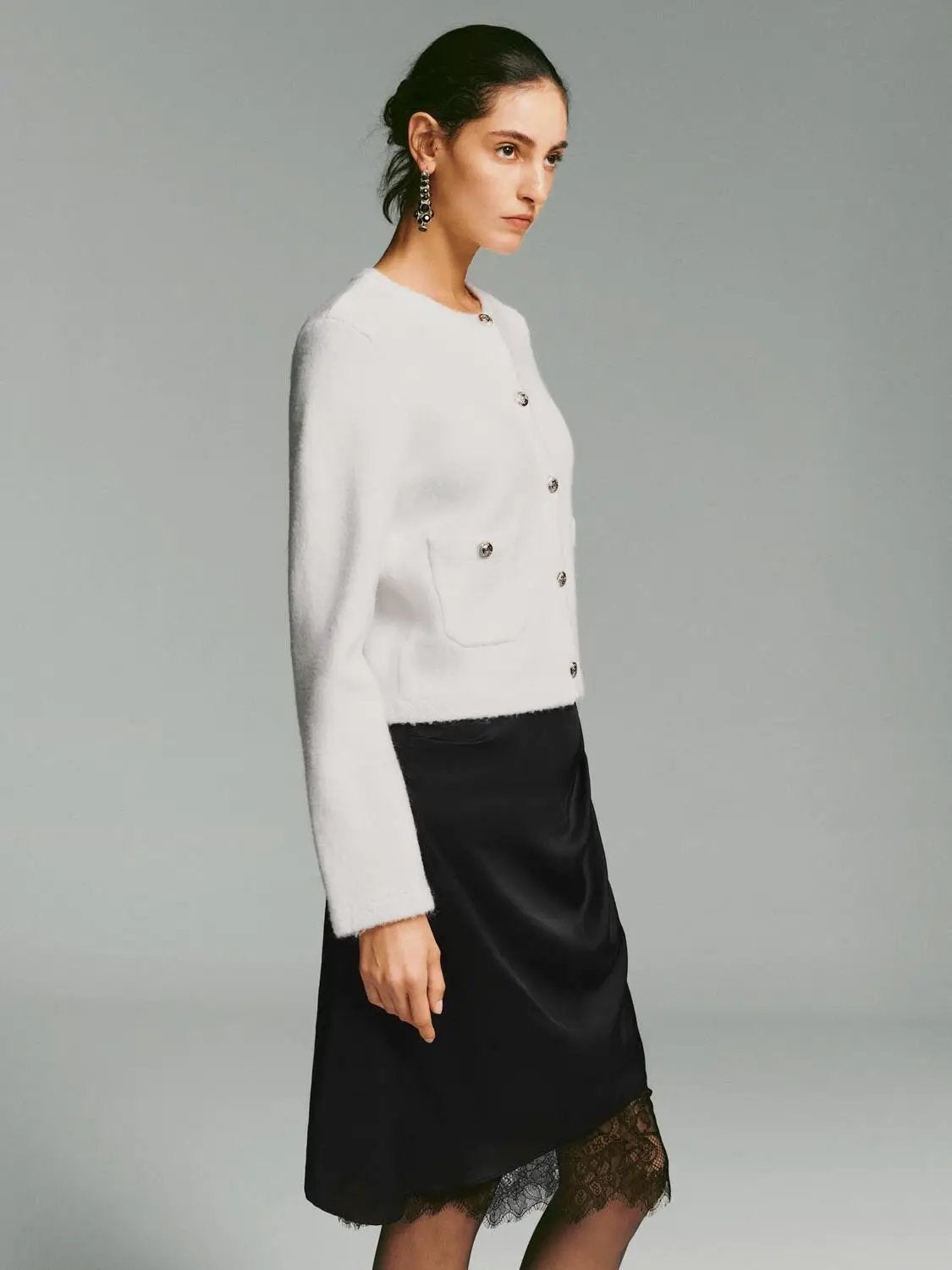 Crew Neck Button Front Long Sleeve Knitwear Jacket