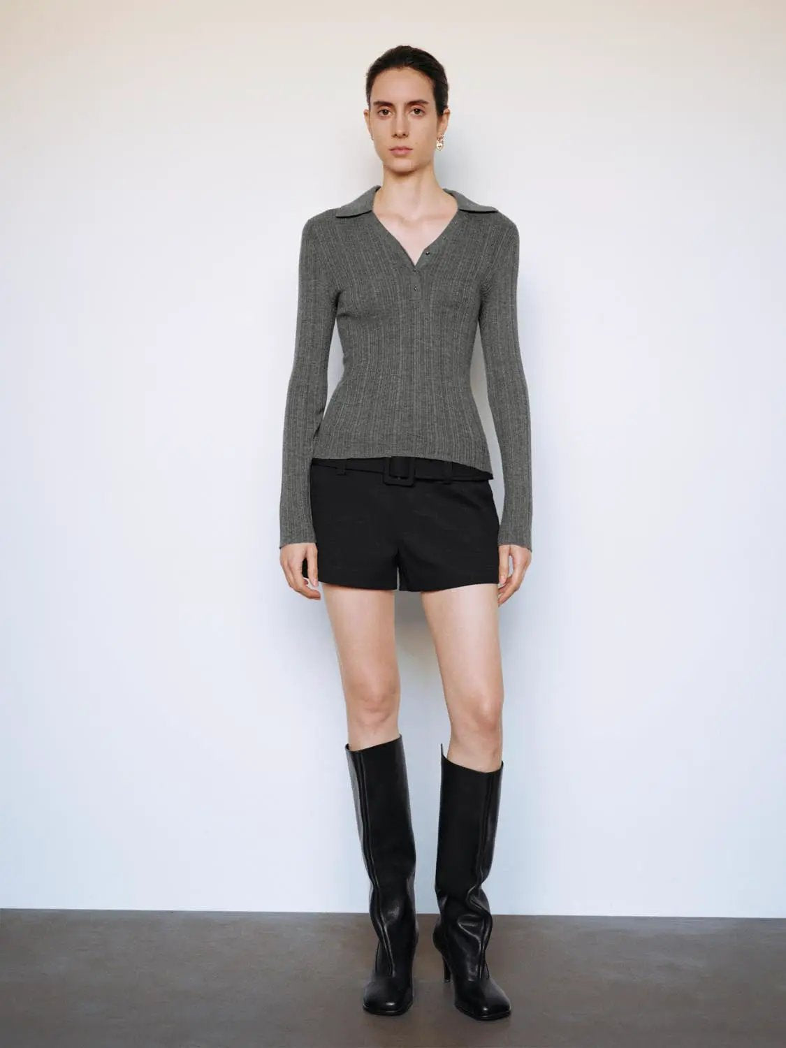 Ribbed Fitted Polo Collar Long Sleeve Sweater