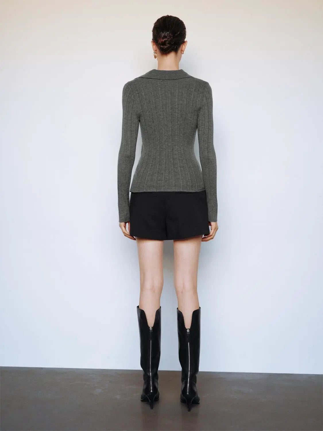 Ribbed Fitted Polo Collar Long Sleeve Sweater