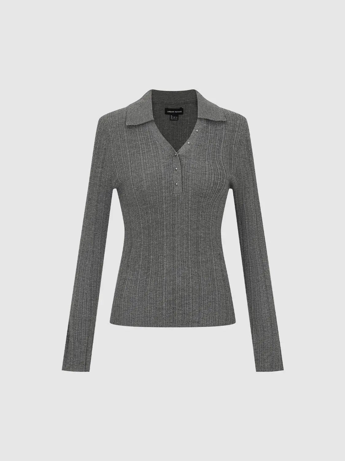 Ribbed Fitted Polo Collar Long Sleeve Sweater
