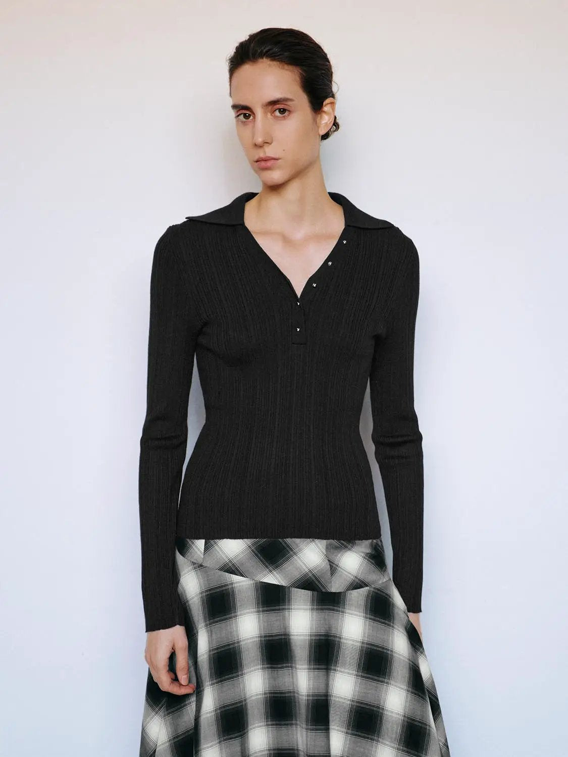 Ribbed Fitted Polo Collar Long Sleeve Sweater