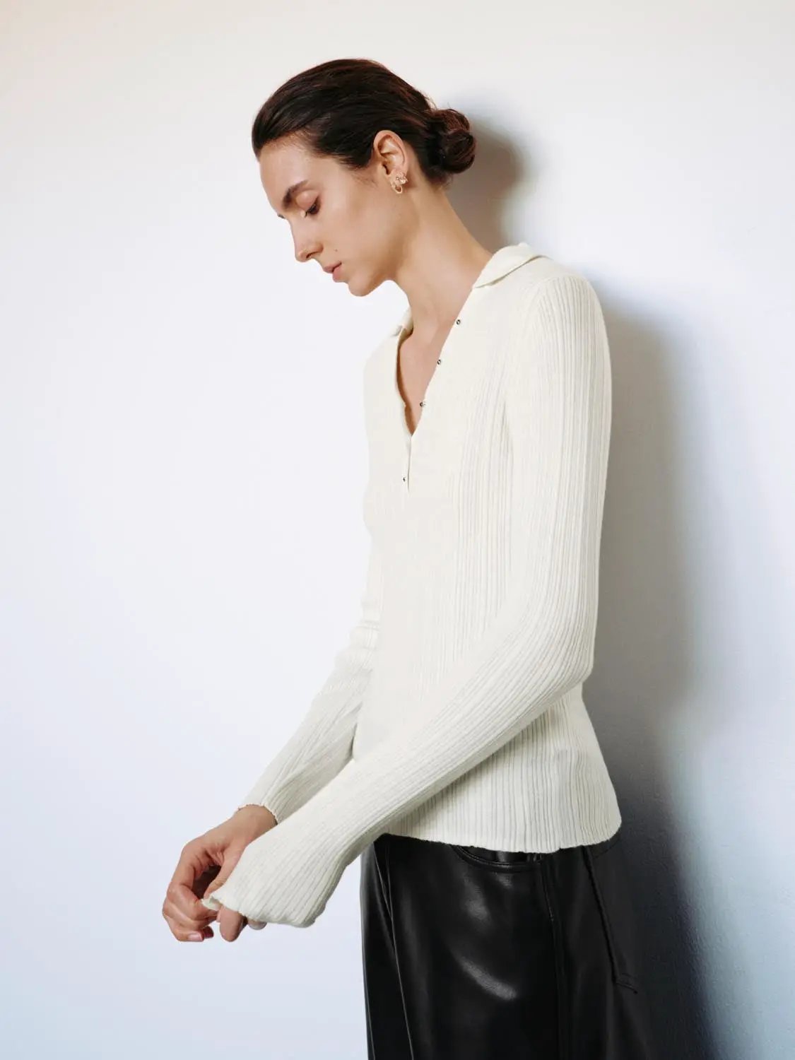 Ribbed Fitted Polo Collar Long Sleeve Sweater