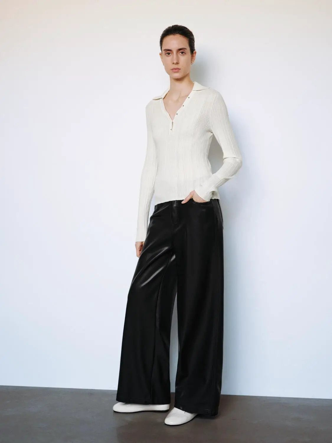 Ribbed Fitted Polo Collar Long Sleeve Sweater