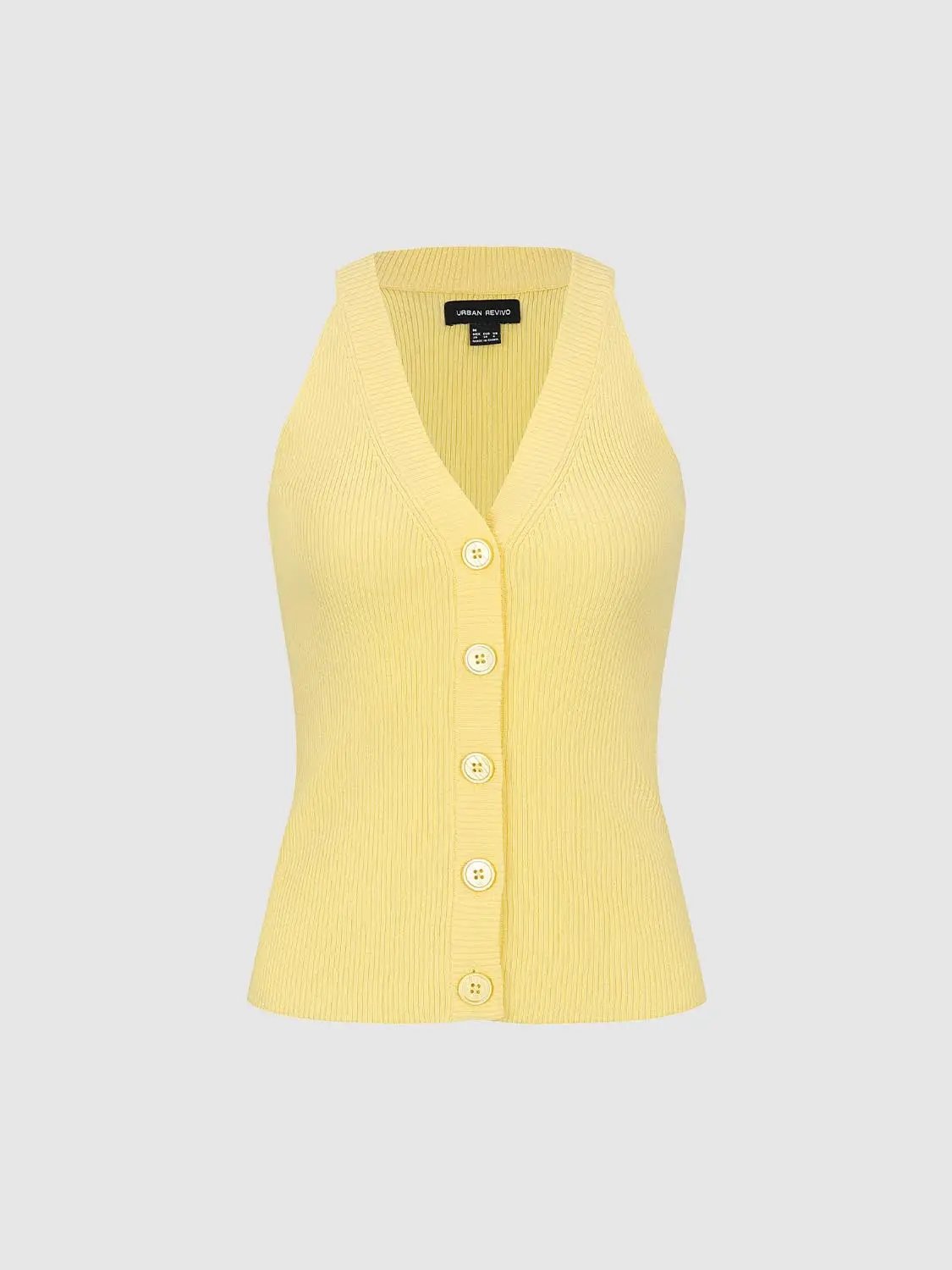 Ribbed Button Front Fitted V-Neck Sleeveless Knit Vest