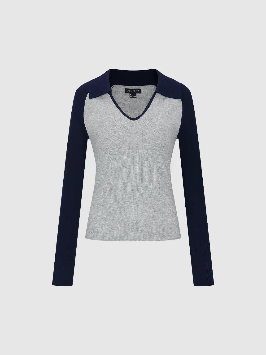 Fitted Two-tone V-neck Collared Long Sleeve Knit Top
