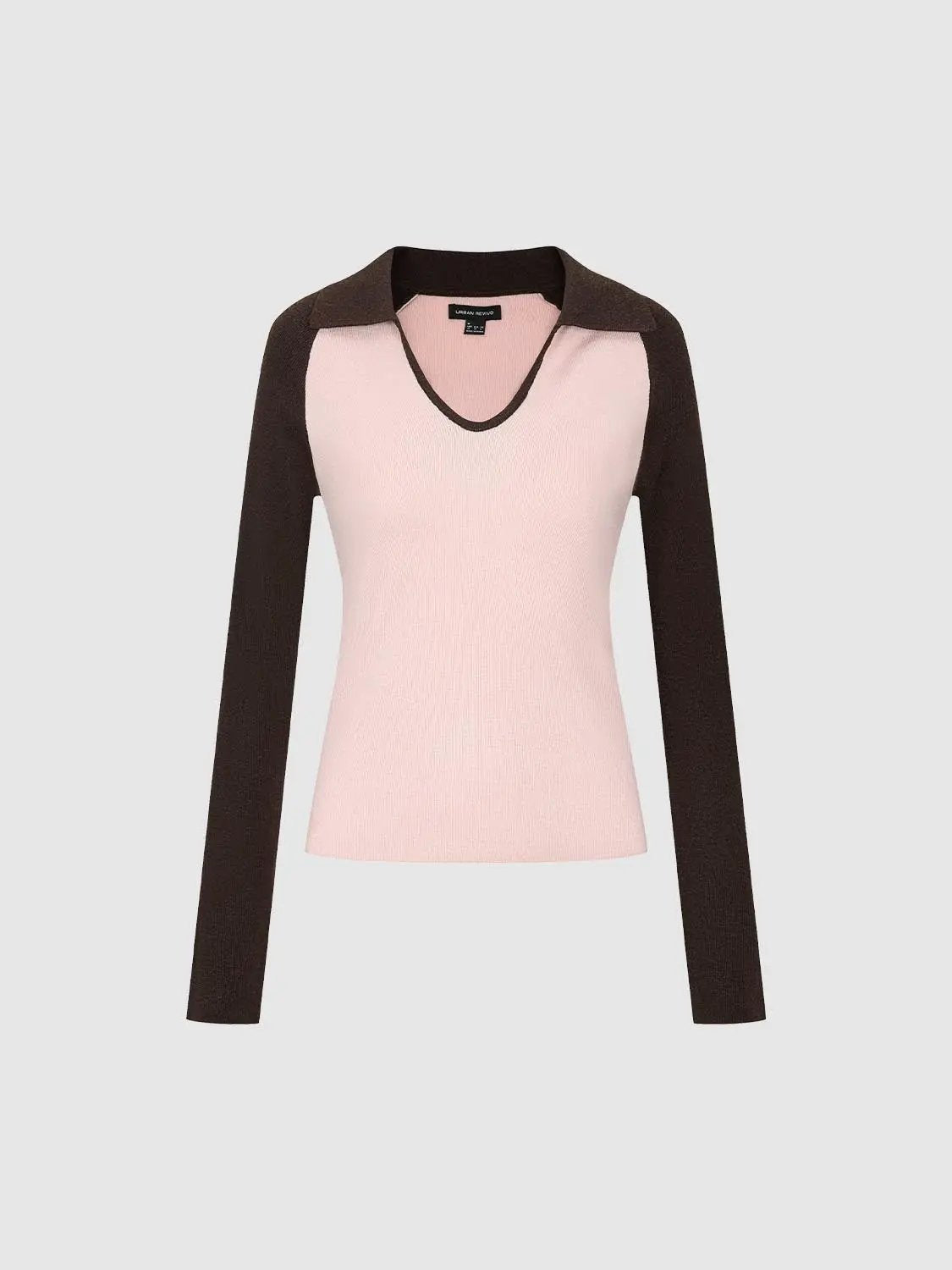 Fitted Two-tone V-neck Collared Long Sleeve Knit Top