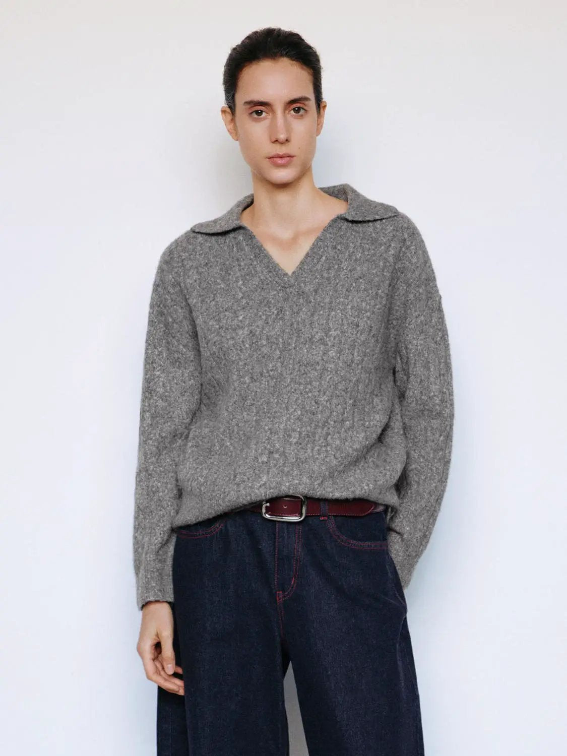 Textured V-neck Shirt Collar Long Sleeve Sweater