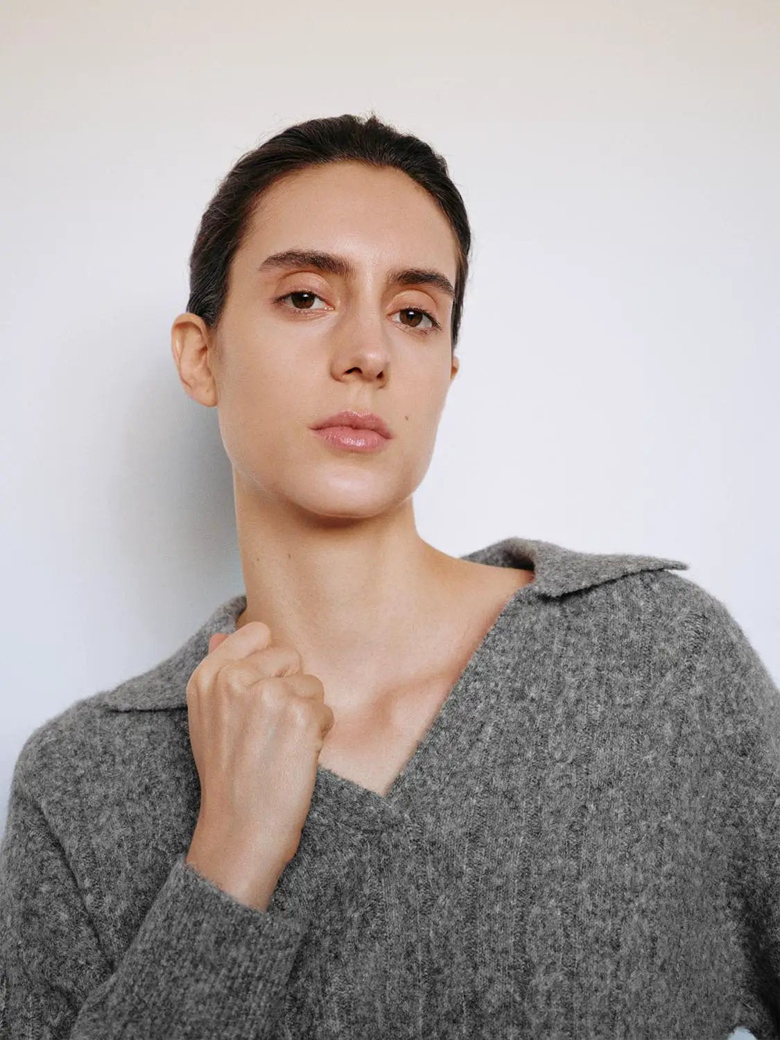Textured V-neck Shirt Collar Long Sleeve Sweater