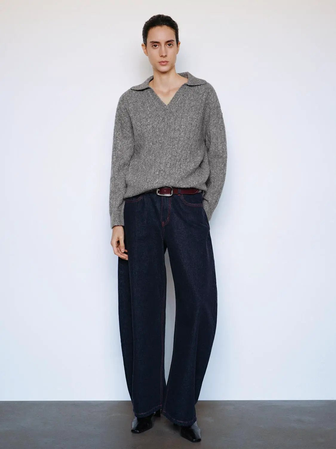 Textured V-neck Shirt Collar Long Sleeve Sweater