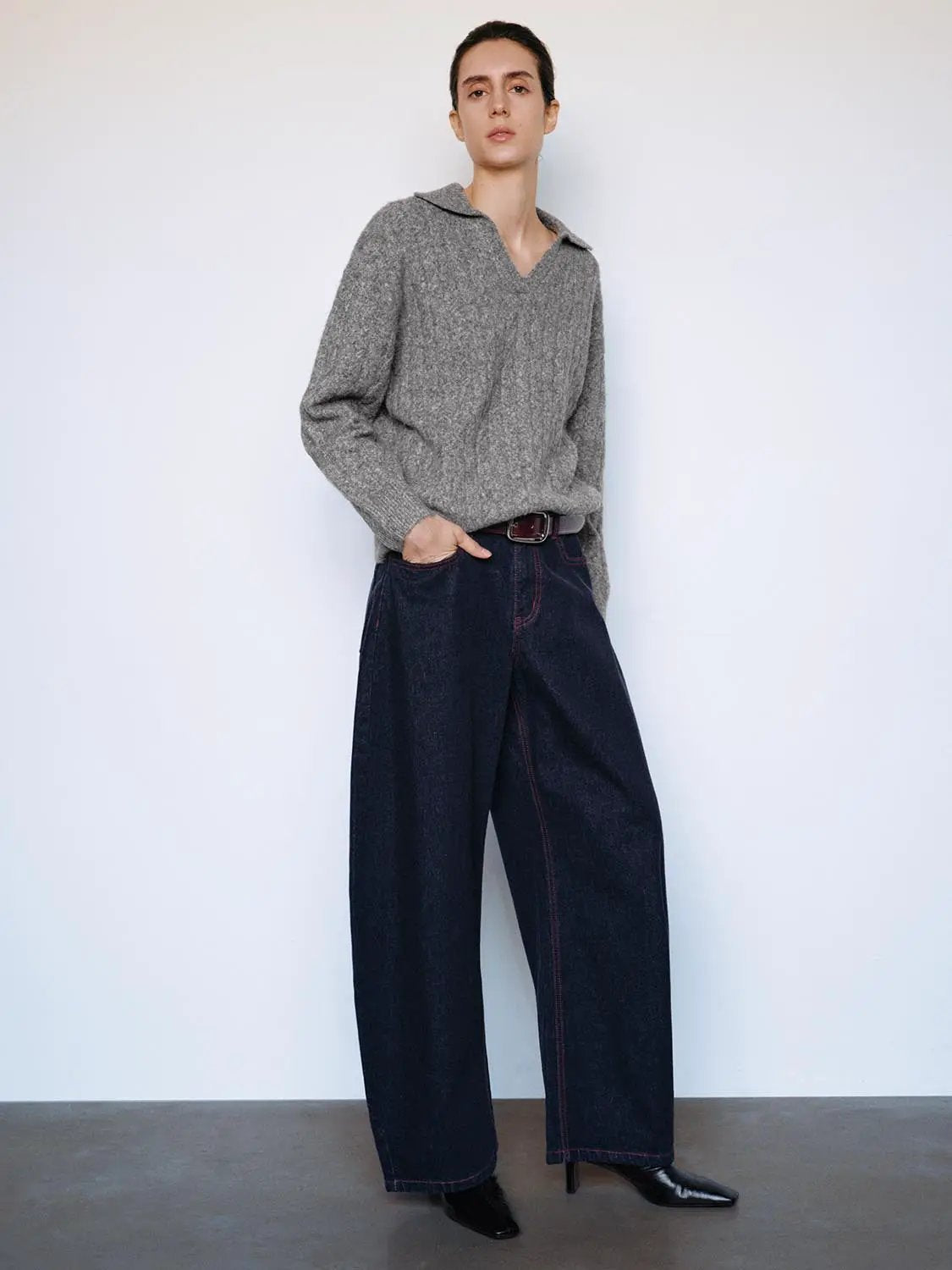 Textured V-neck Shirt Collar Long Sleeve Sweater