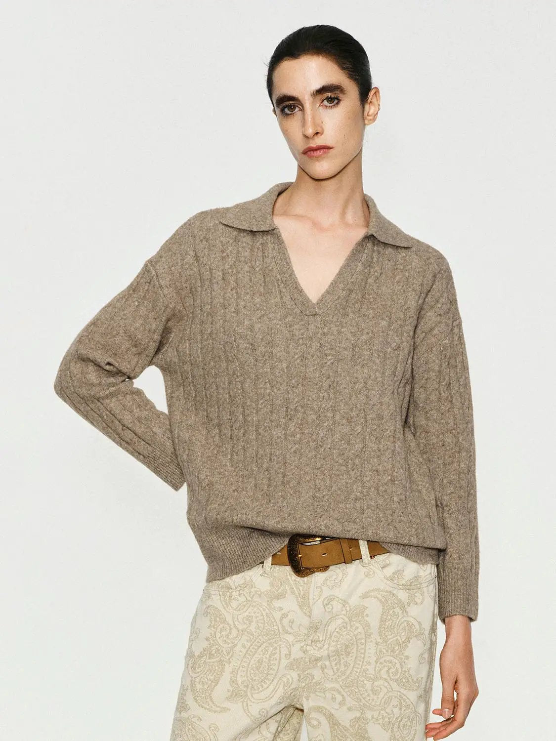 Textured V-neck Shirt Collar Long Sleeve Sweater