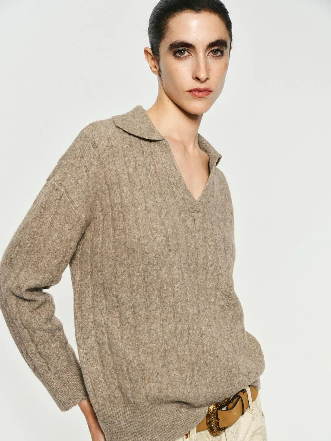 Textured V-neck Shirt Collar Long Sleeve Sweater