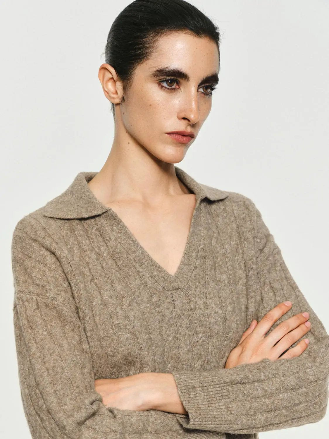 Textured V-neck Shirt Collar Long Sleeve Sweater
