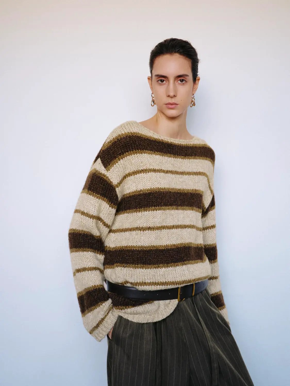 Knit Striped Oversized Boat Neck Long Sleeve Sweater