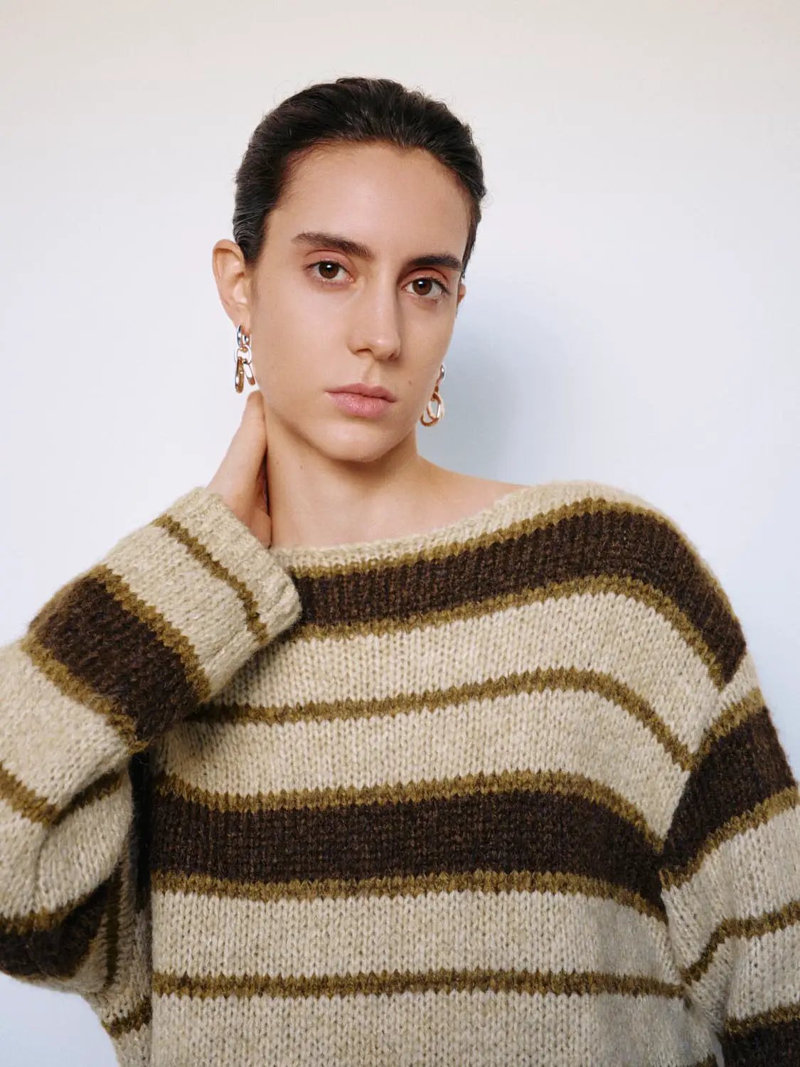Knit Striped Oversized Boat Neck Long Sleeve Sweater
