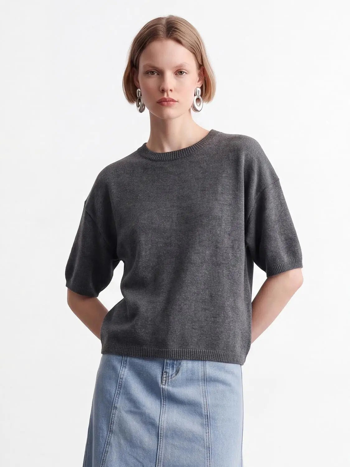 Ribbed Oversized Crew Neck Short Sleeve Knit Sweater